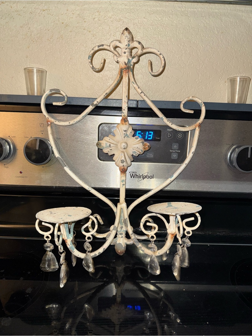 Distressed Cream Metal Wall Sconce with Crystal Drops
